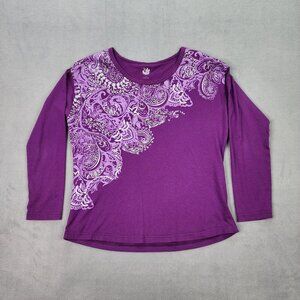 GVS Blouse Women's Size Large Purple Floral Print Long Sleeve Gloria Vanderbilt